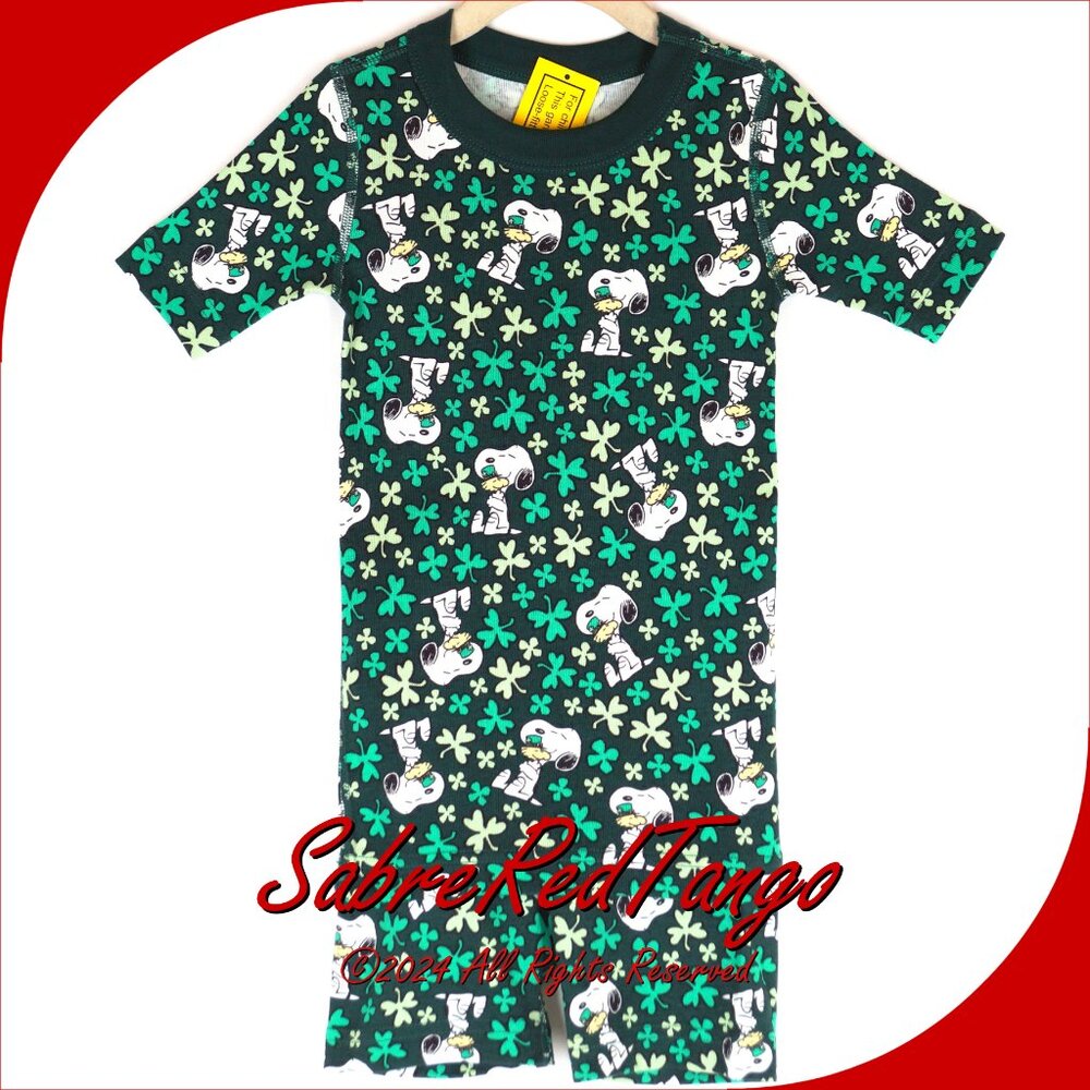 NWT Hanna Andersson Peanuts Organic Short Johns Pajamas Snoopy Shamrock 140 10